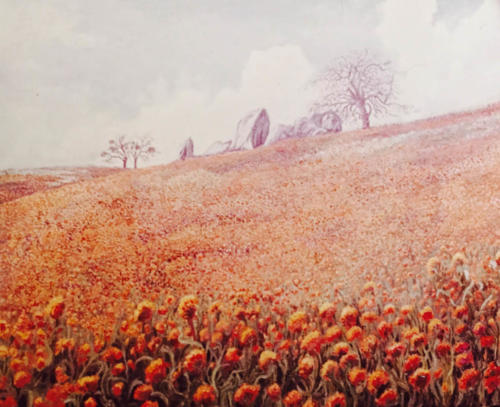 Coreopsis-flowers-with-lone-oak-adjacent-to-Highway-58-Kern-County-near-Tejon-Ranch-1979-22-X-28-oil